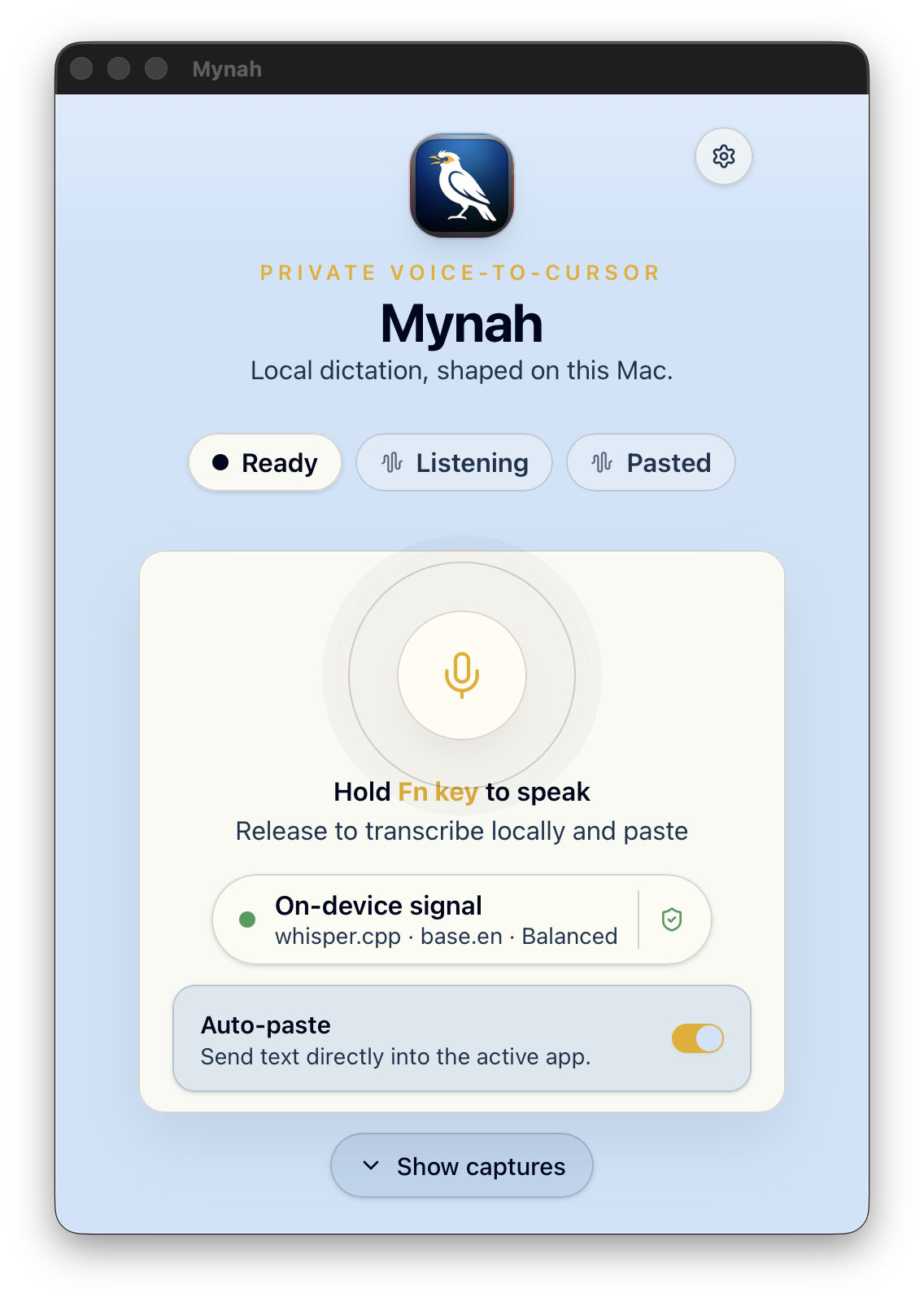 Mynah Blue app window showing the Fn dictation control, local model, and auto-paste setting.