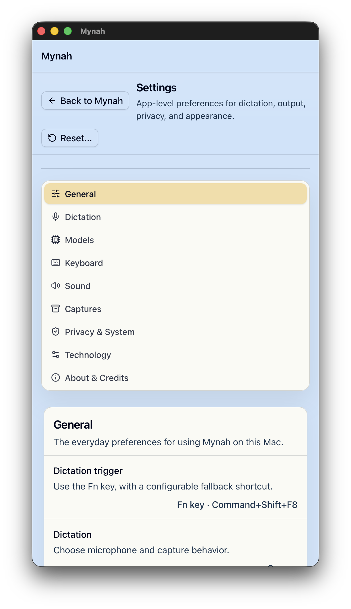 Mynah settings window showing General, Dictation, Models, Keyboard, Sound, Captures, Privacy and About sections.